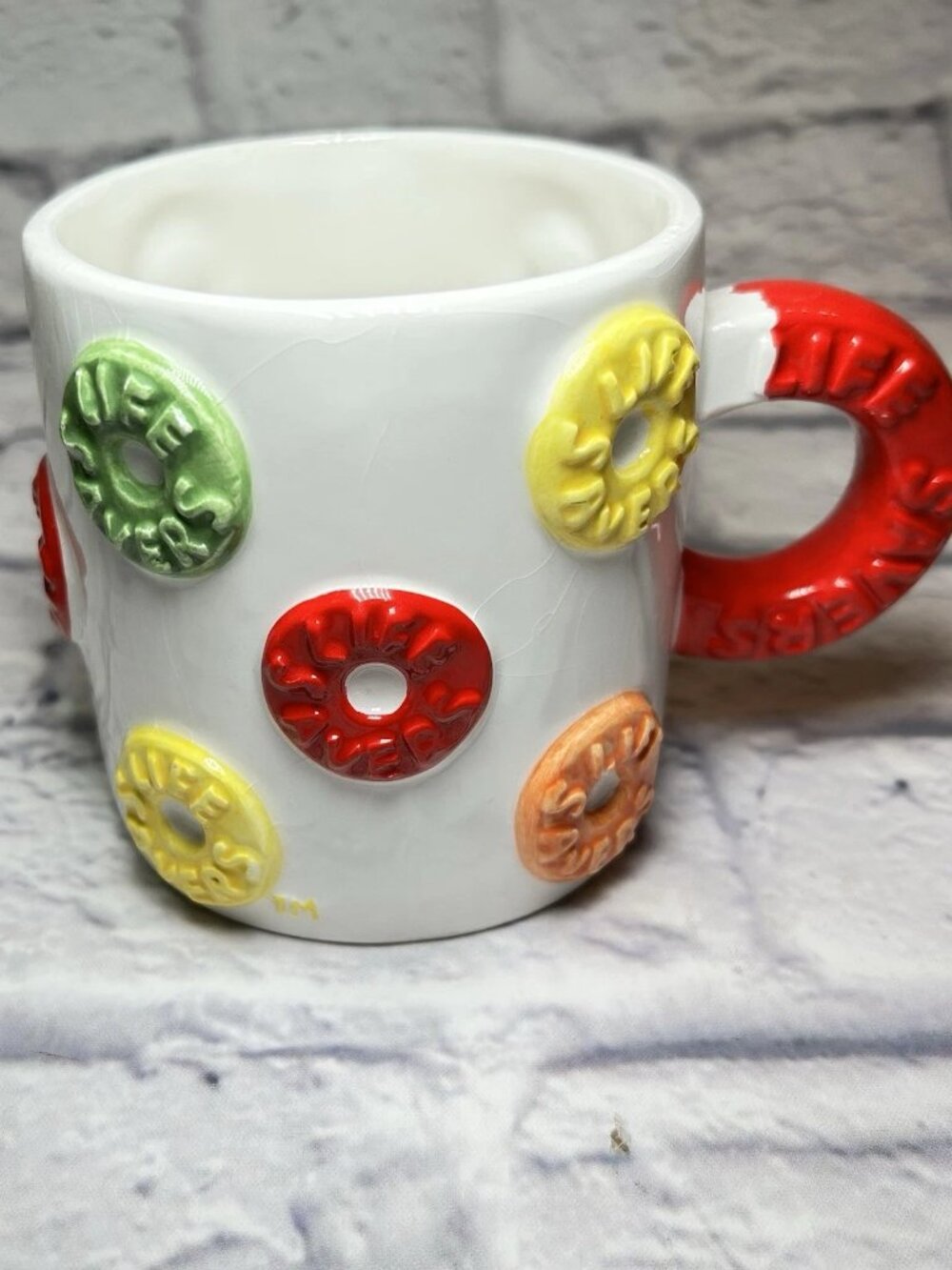 Vintage LifeSavers Mug 22oz White w/Color Lifesavers 3D Life Savers Flaked Paint